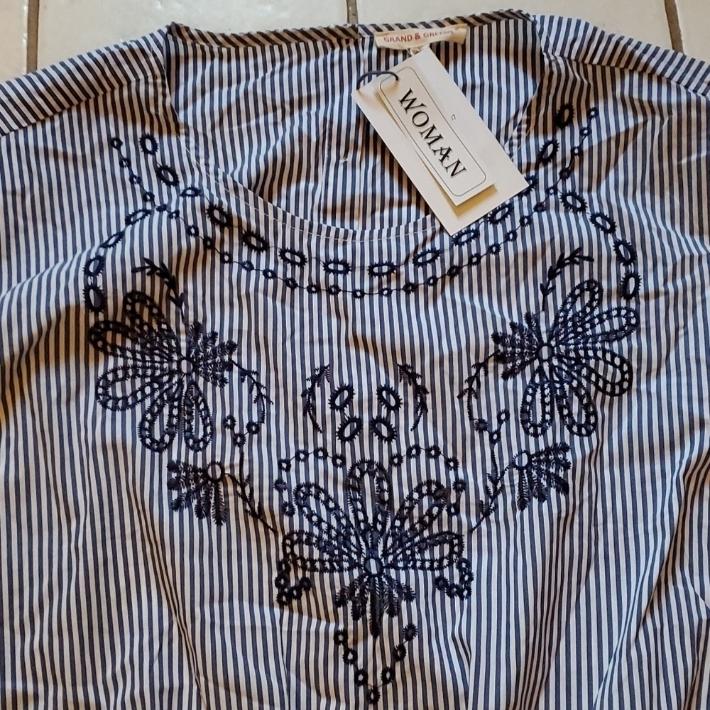 Grand & Greene Womens Blouse Size 2X Shirt Bow Tie Front Stripe Flower New - Picture 3 of 11